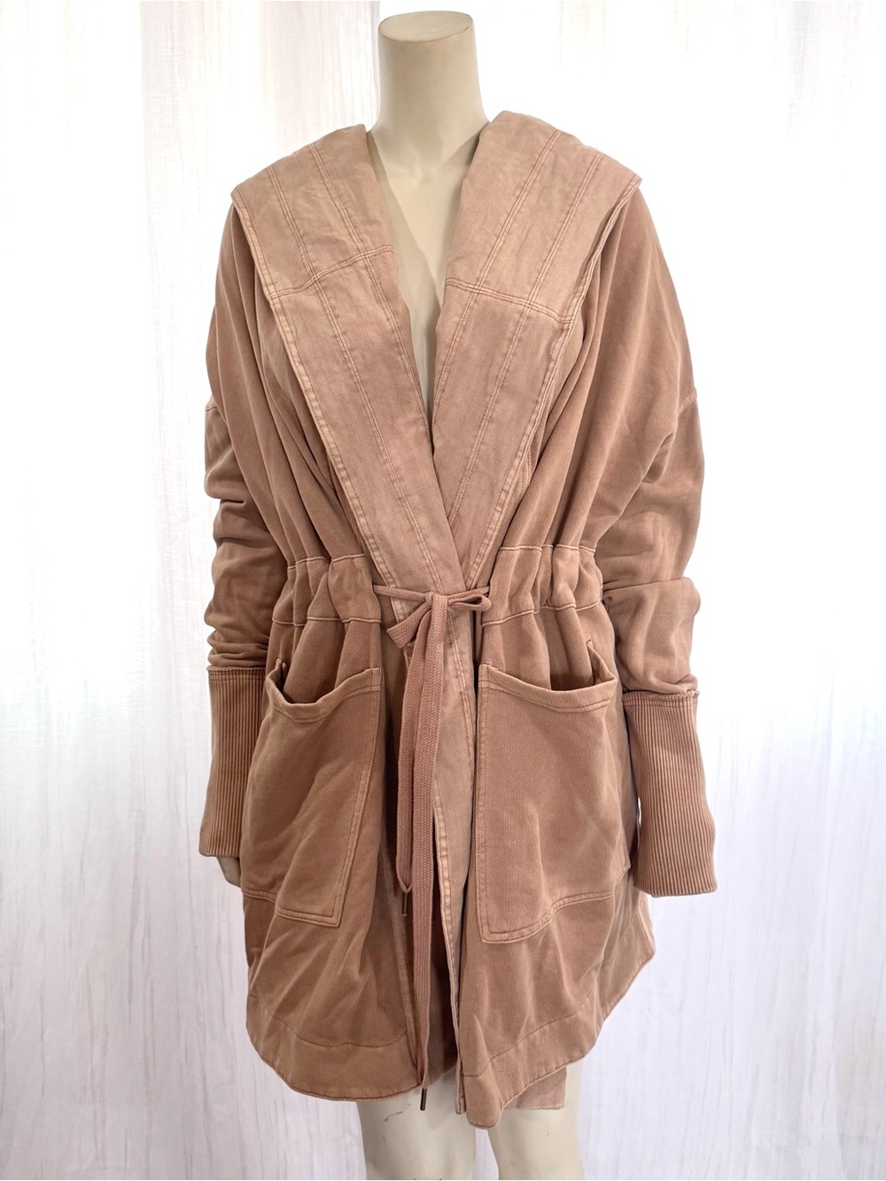 Free People Brentwood Sz M Hooded Cardigan Coat Beige Boho